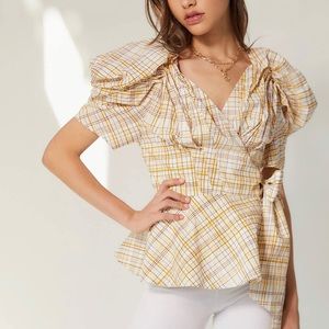 C/MEO Collective Vice Plaid Puff Sleeve Wrap Top. Gold+Brown